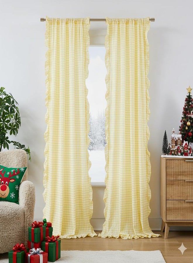ZJDECOR ستائر ZJDECOR صفراء مكشكشة بنمط شابي شيك، طولها 84 بوصة، بنمط مربعات الجاموس الريفي، غير شفافة، مناسبة لغرف النوم والمعيشة، مزودة بجيوب للعمود، مقاس 40 × 84 بوصة، عبوة من قطعتين - Image 1